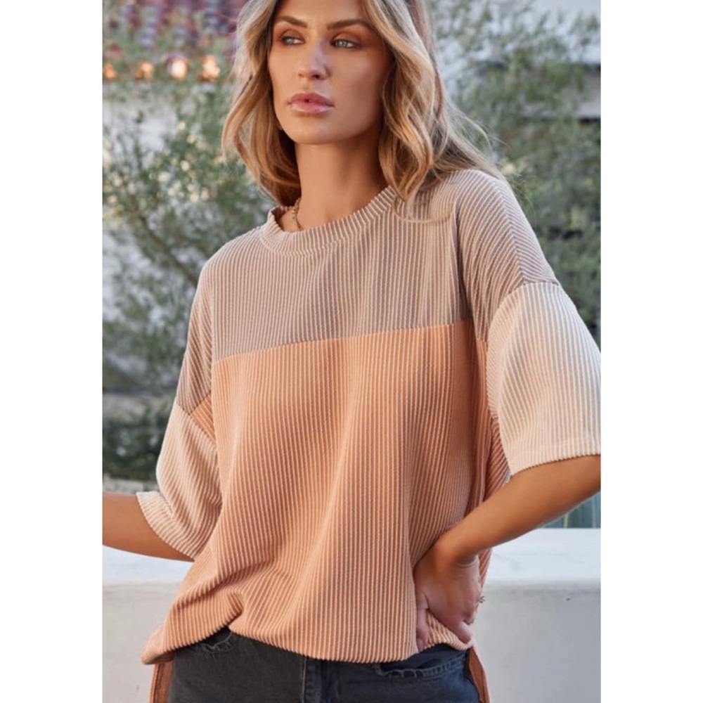 Ribbed Color Block Top Large Relaxed Fit Tan Peach Side Slit Cozycore Casual